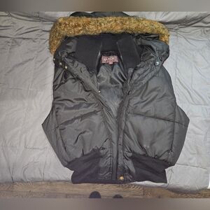 MADE Black Puffer Vest with Fur Hoodie Size L